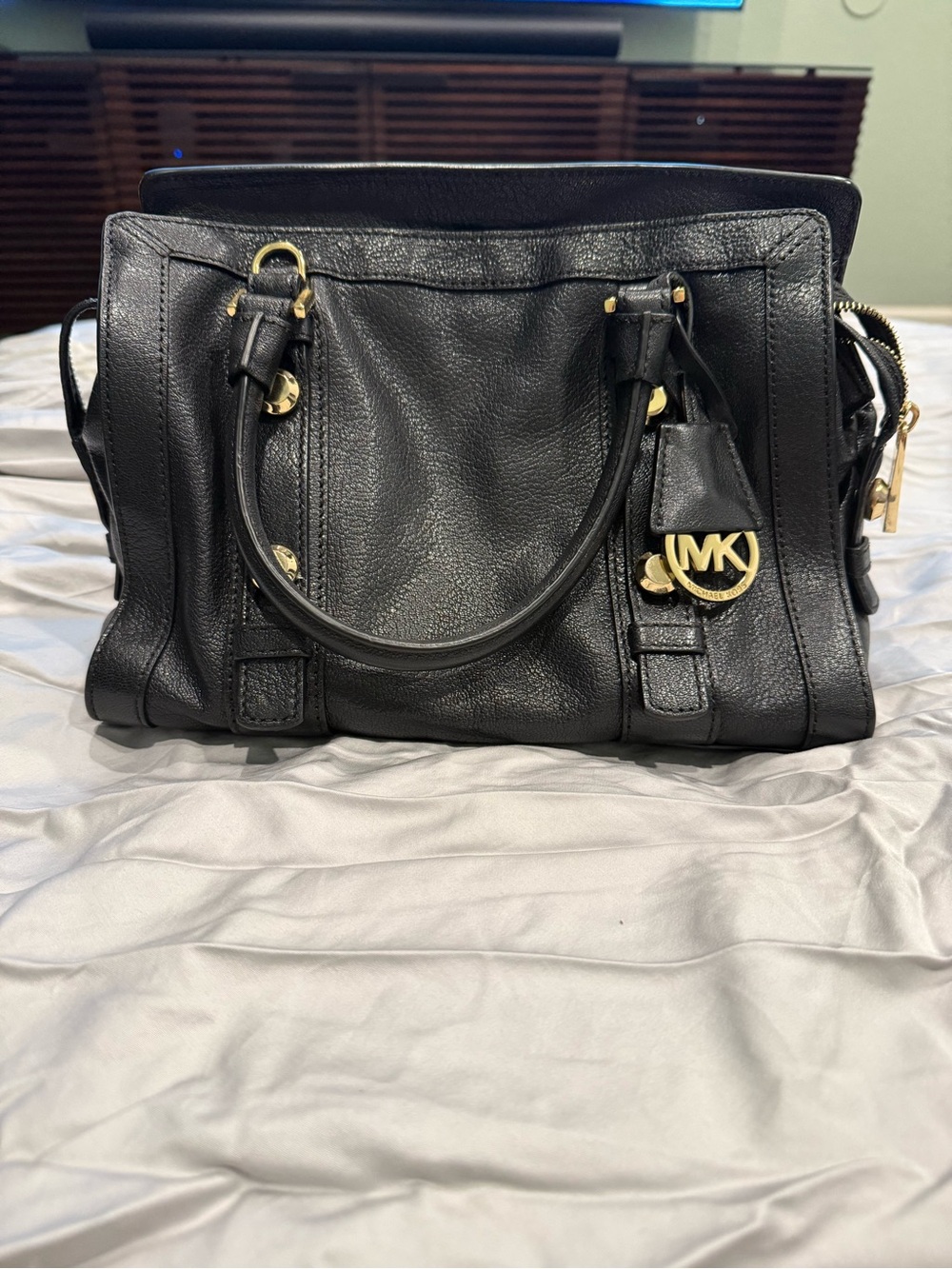 Michael Kors Black Leather Satchel with Gold Hardware and MK Charm